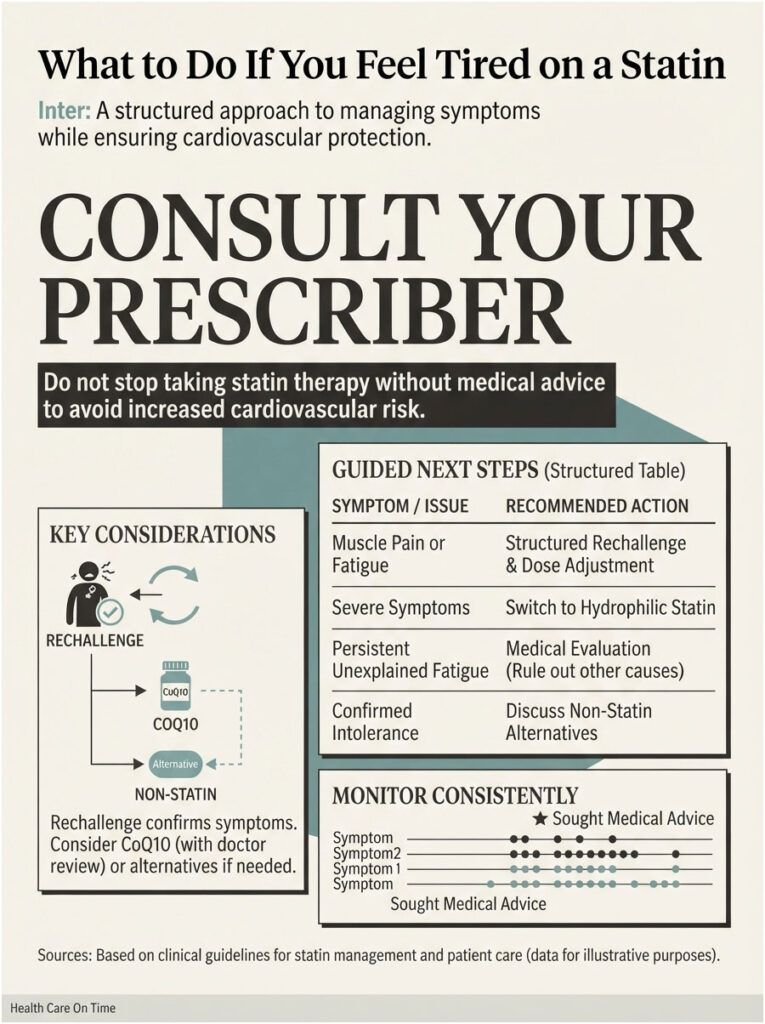Infographic detailing steps for managing fatigue on statins, including symptoms and recommended actions.