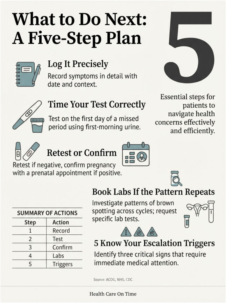 Infographic detailing a five-step plan for health concerns, including logging symptoms and testing instructions.