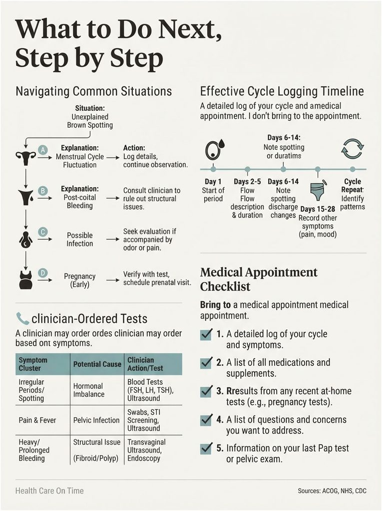 Infographic detailing steps for unexplained brown spotting, cycle logging, and medical appointment checklist.