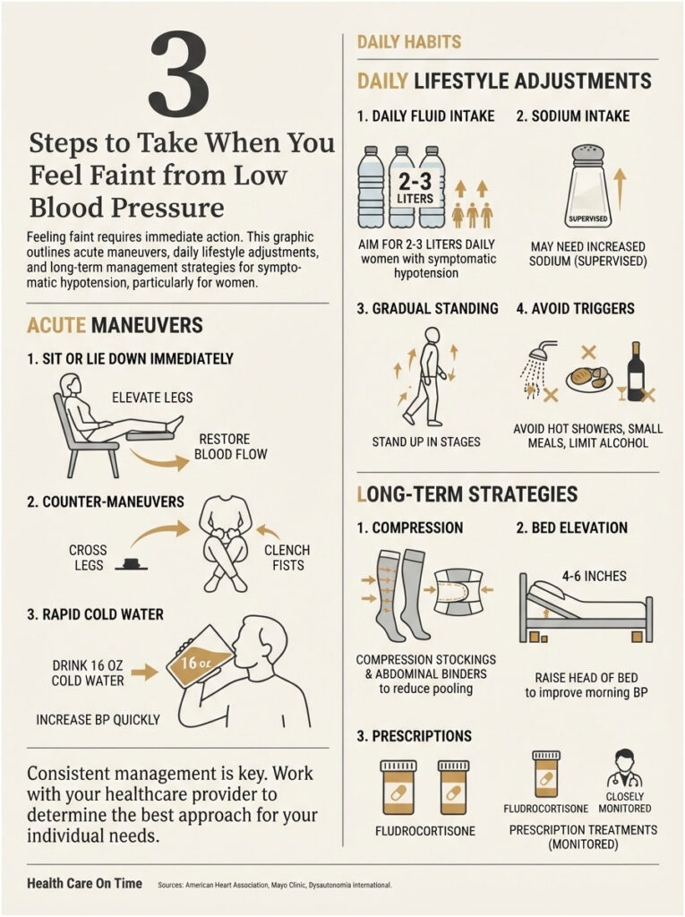 Infographic detailing steps for managing low blood pressure, including acute maneuvers and lifestyle adjustments.