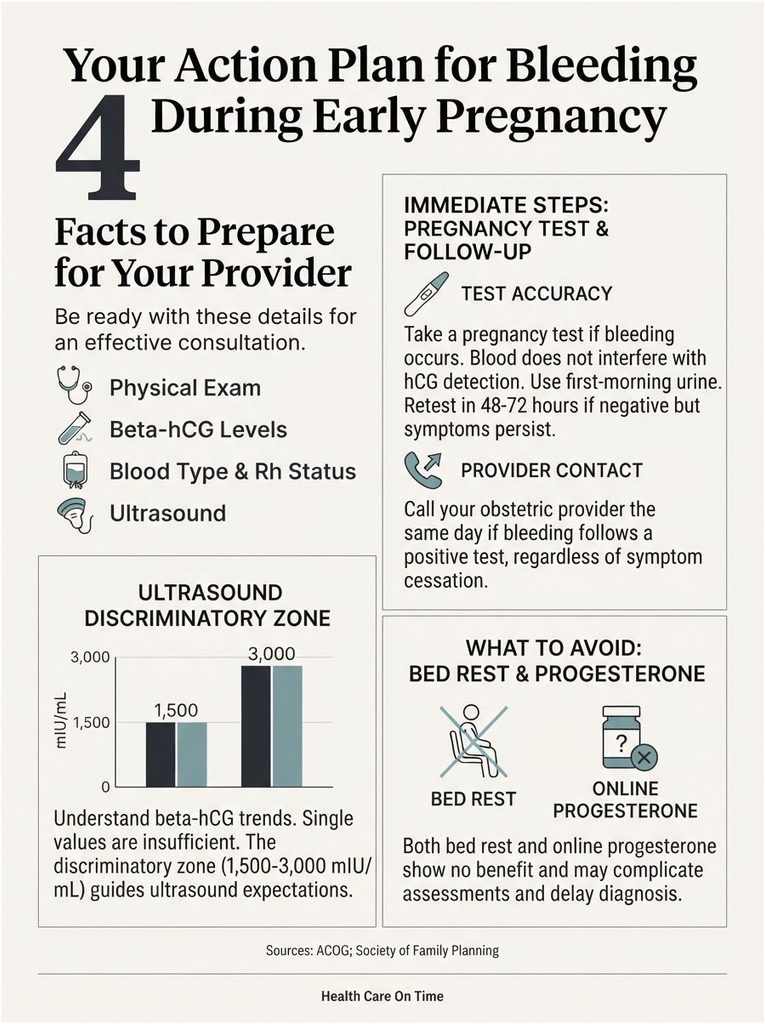 Infographic detailing an action plan for bleeding during early pregnancy, including steps and ultrasound data.