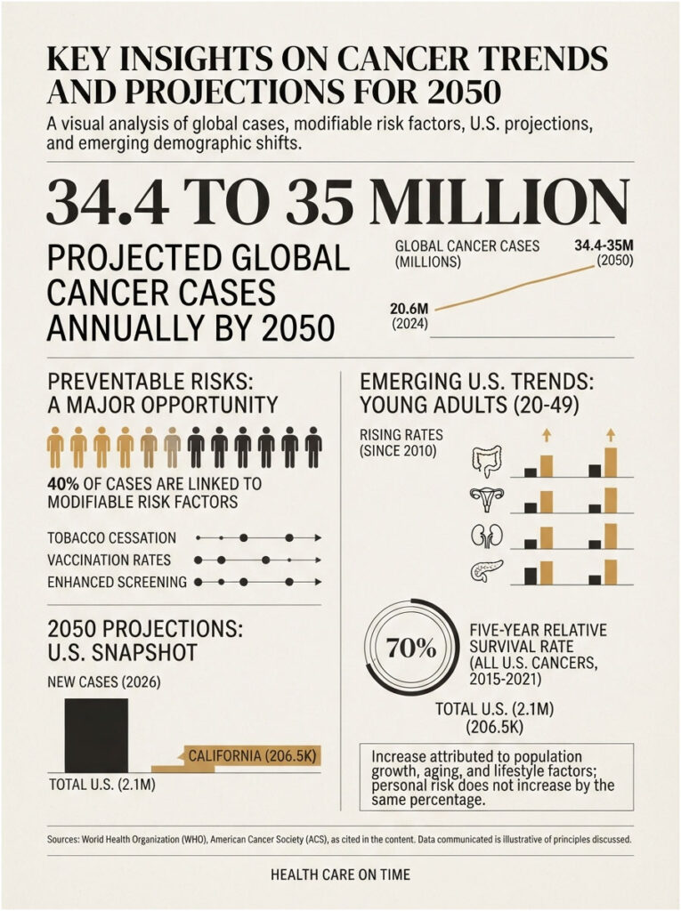 Infographic showing projected global cancer cases, risk factors, U.S. trends, and survival rates for 2050.