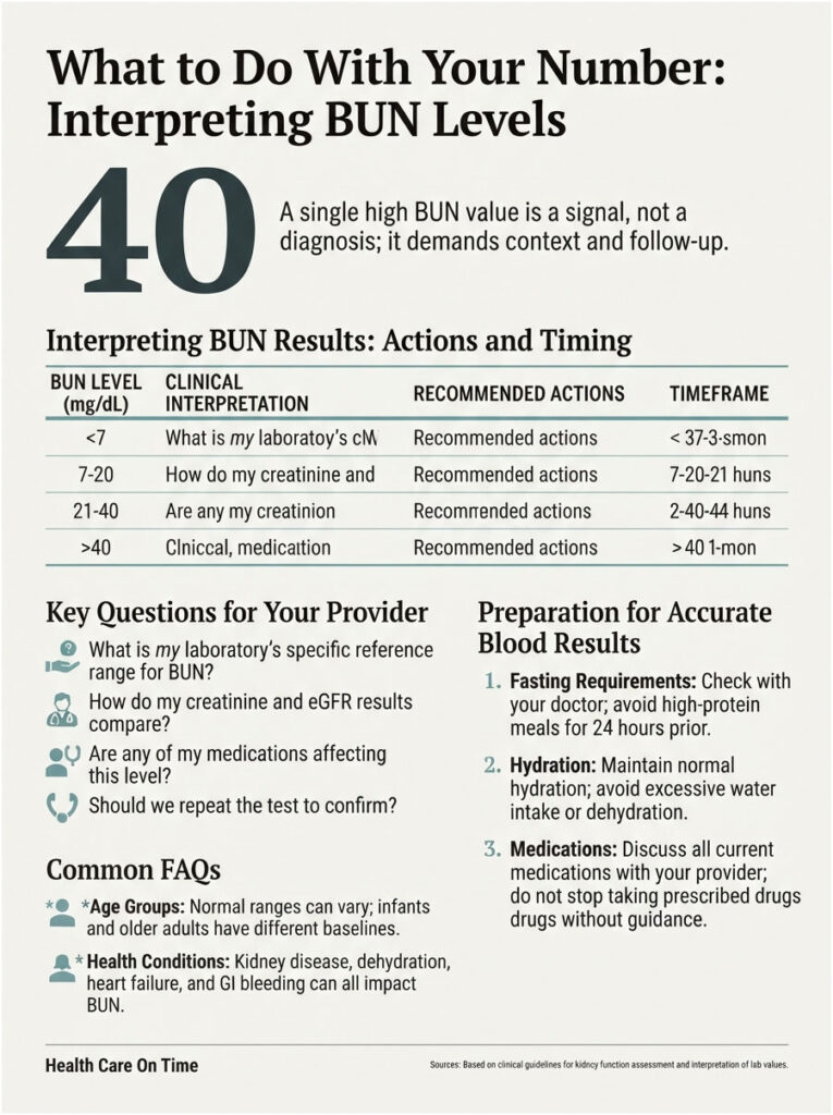 Infographic explaining BUN levels, with a chart detailing actions for different BUN ranges and preparation tips.