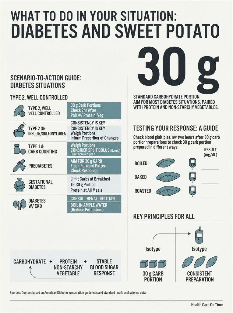 Infographic detailing diabetes management with sweet potato, showing carb portions and preparation methods.