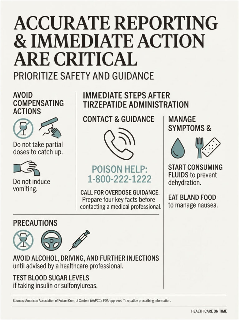 Infographic detailing immediate steps after Tirzepatide administration, including contact information and precautions.