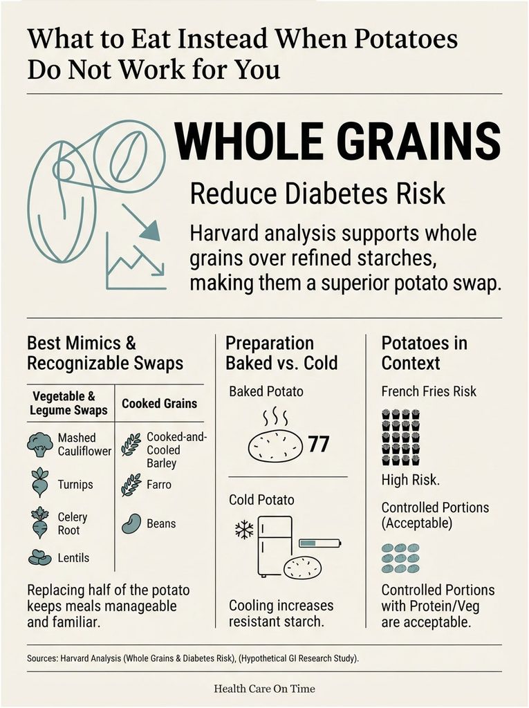 Infographic showing whole grains as potato alternatives, with vegetable swaps, preparation methods, and diabetes risk data.