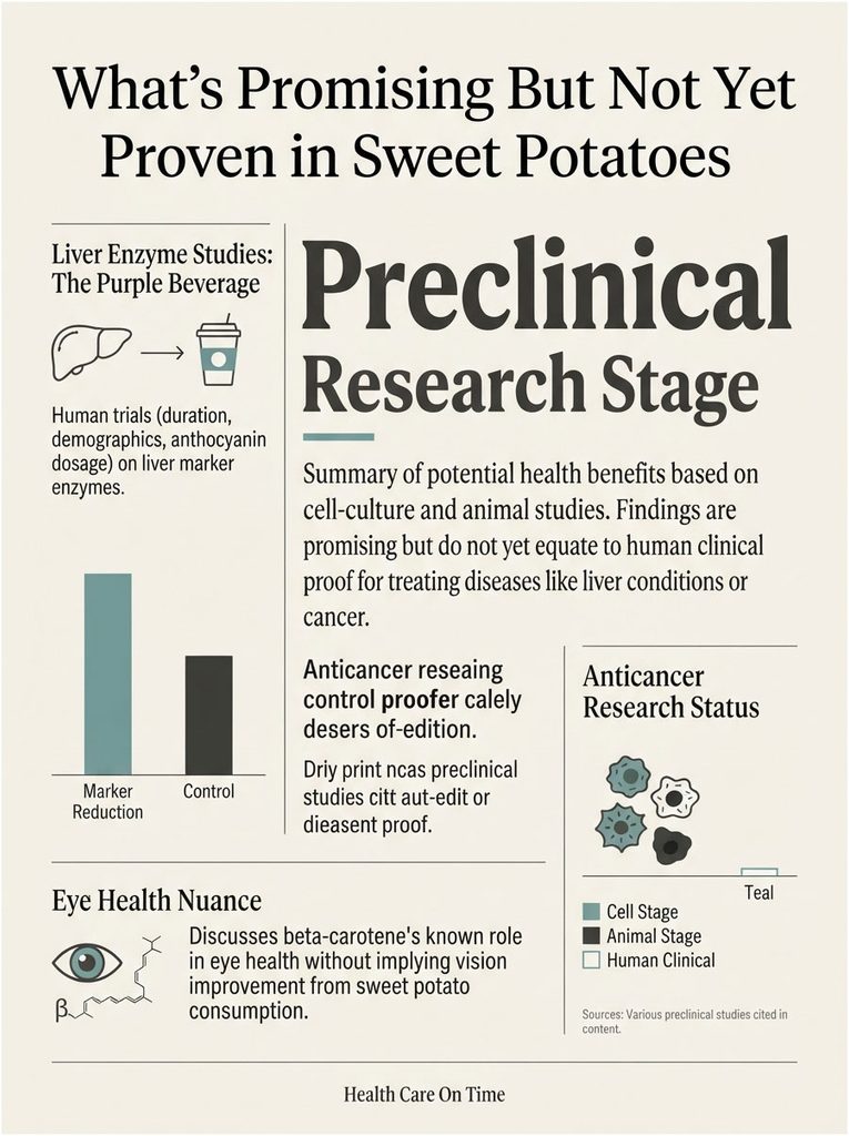 Infographic showing liver enzyme studies, preclinical research, and eye health benefits of sweet potatoes.