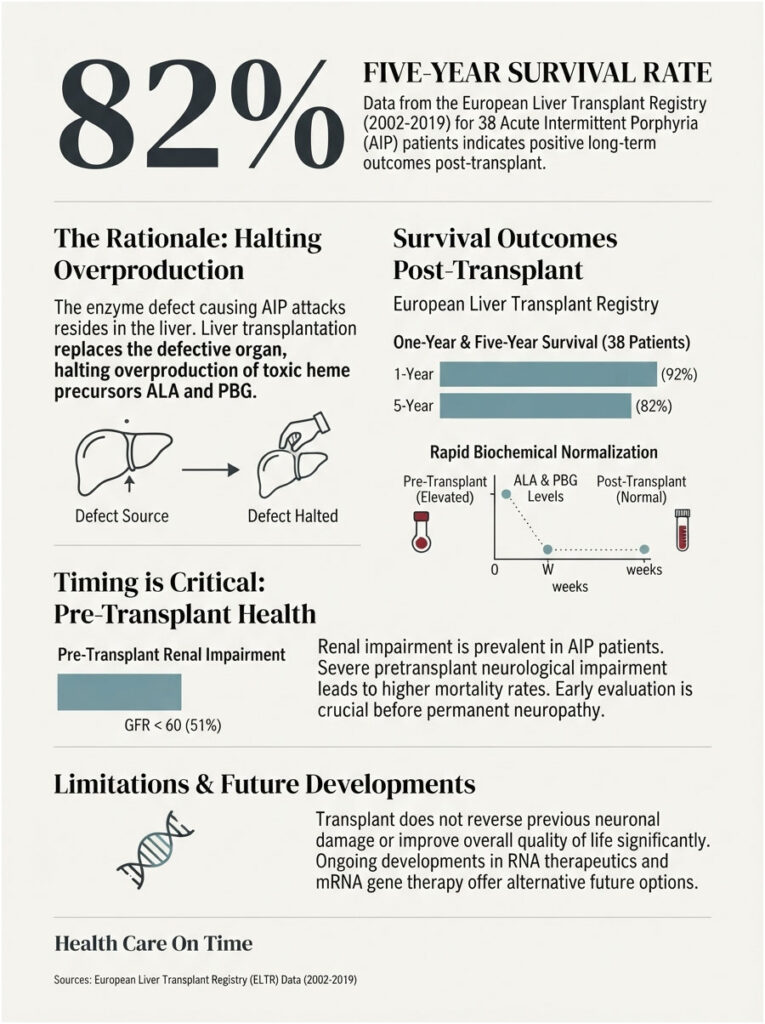 Infographic showing 82% five-year survival rate for AIP patients post-liver transplant, with survival outcomes and health metrics.