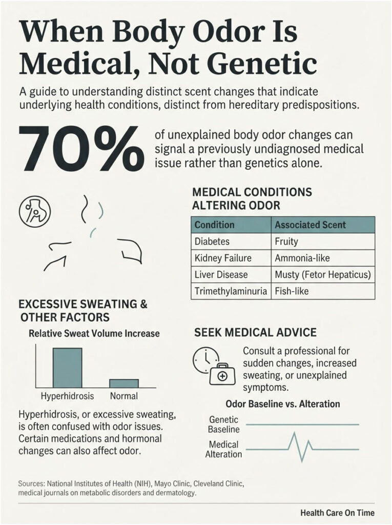 Infographic explaining body odor changes, medical conditions, and associated scents with charts on sweating and medical advice.