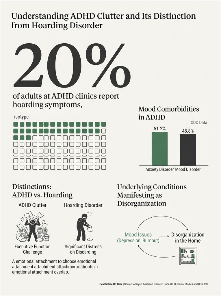 Infographic showing ADHD clutter vs. hoarding disorder, with statistics and visual data on mood comorbidities and distinctions.