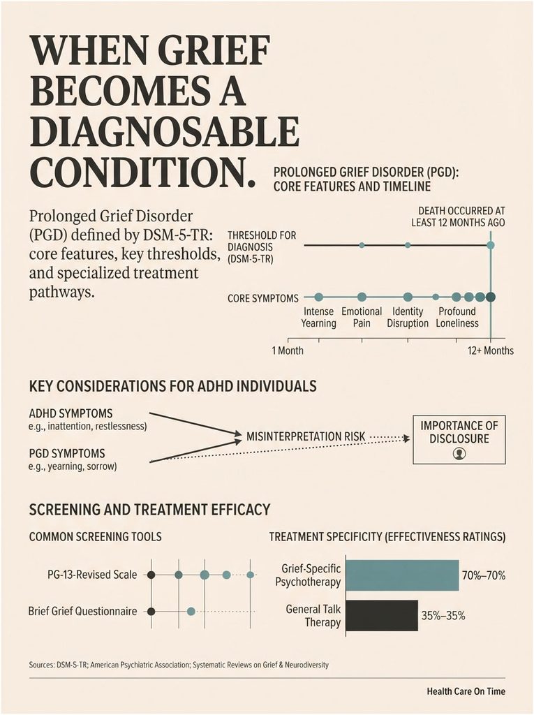 Infographic on Prolonged Grief Disorder with symptoms, ADHD considerations, and treatment efficacy data.