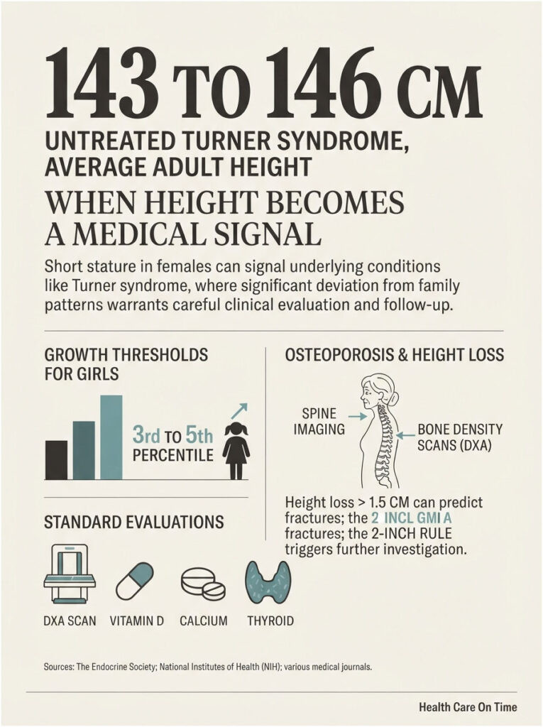 Infographic showing average height for untreated Turner syndrome, growth thresholds, and evaluation standards.