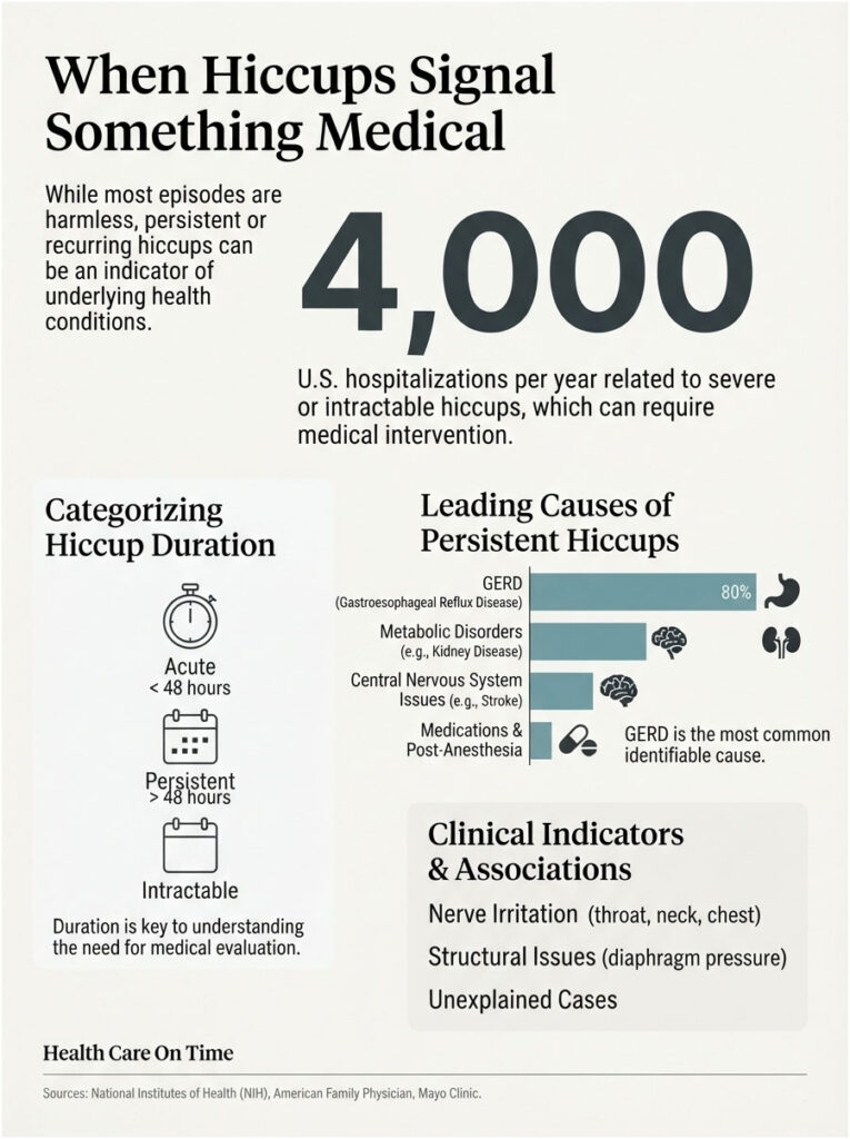 Infographic showing 4,000 U.S. hospitalizations for hiccups, causes, and clinical indicators of persistent hiccups.