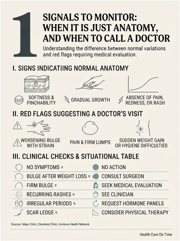 Infographic detailing signals to monitor for normal anatomy and when to call a doctor, with icons and charts.