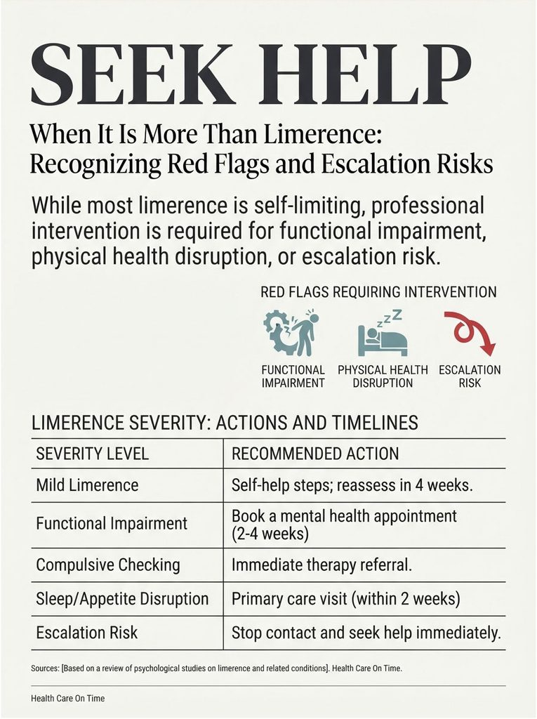 Infographic detailing limerence severity levels and recommended actions for intervention, including red flags.