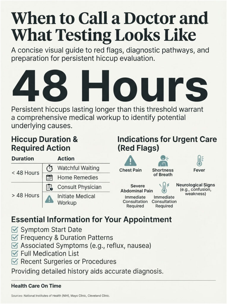 Infographic detailing when to call a doctor for persistent hiccups, including actions and red flags.