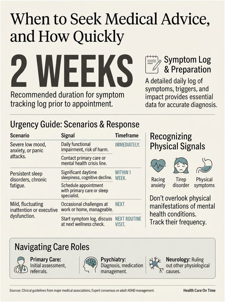 Infographic on seeking medical advice, showing urgency scenarios, signals, and care roles with icons and data.