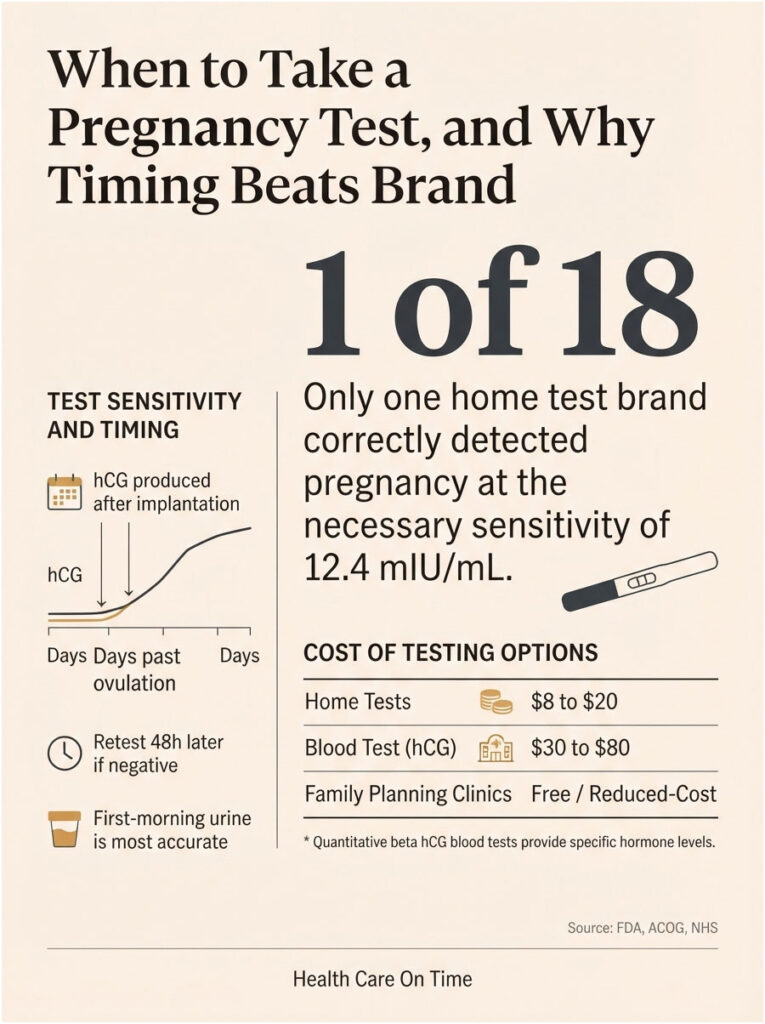 Infographic showing pregnancy test timing, sensitivity, and costs, with a graph and test options listed.
