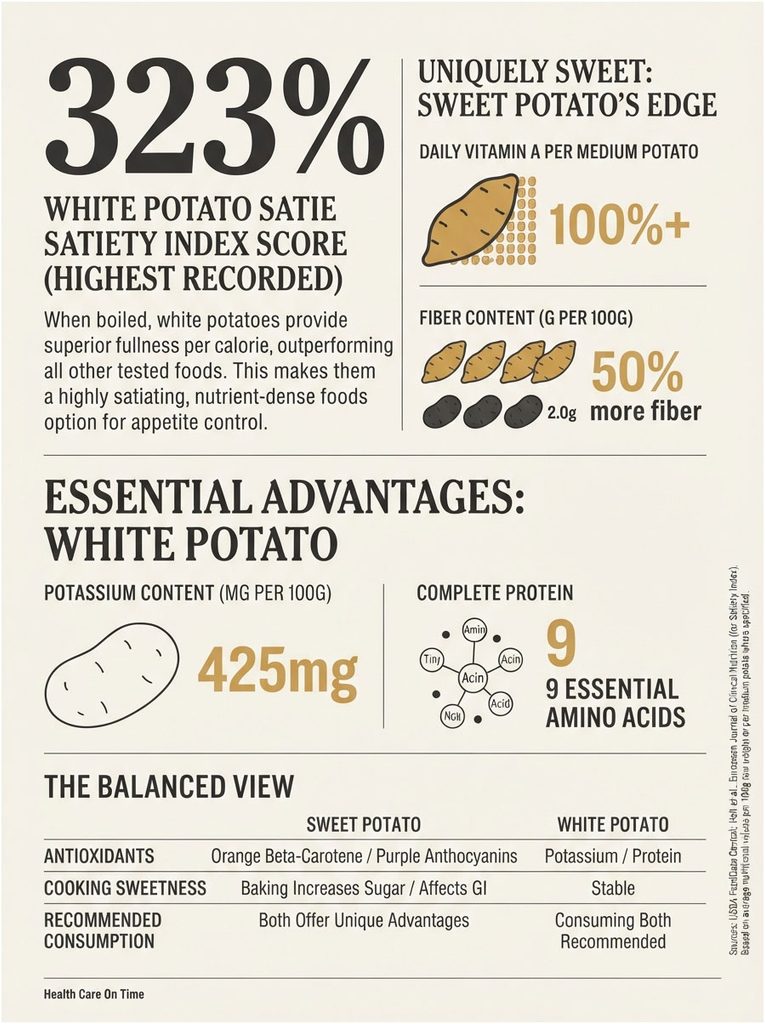 Infographic comparing white and sweet potatoes, highlighting nutrition, satiety index, and advantages.