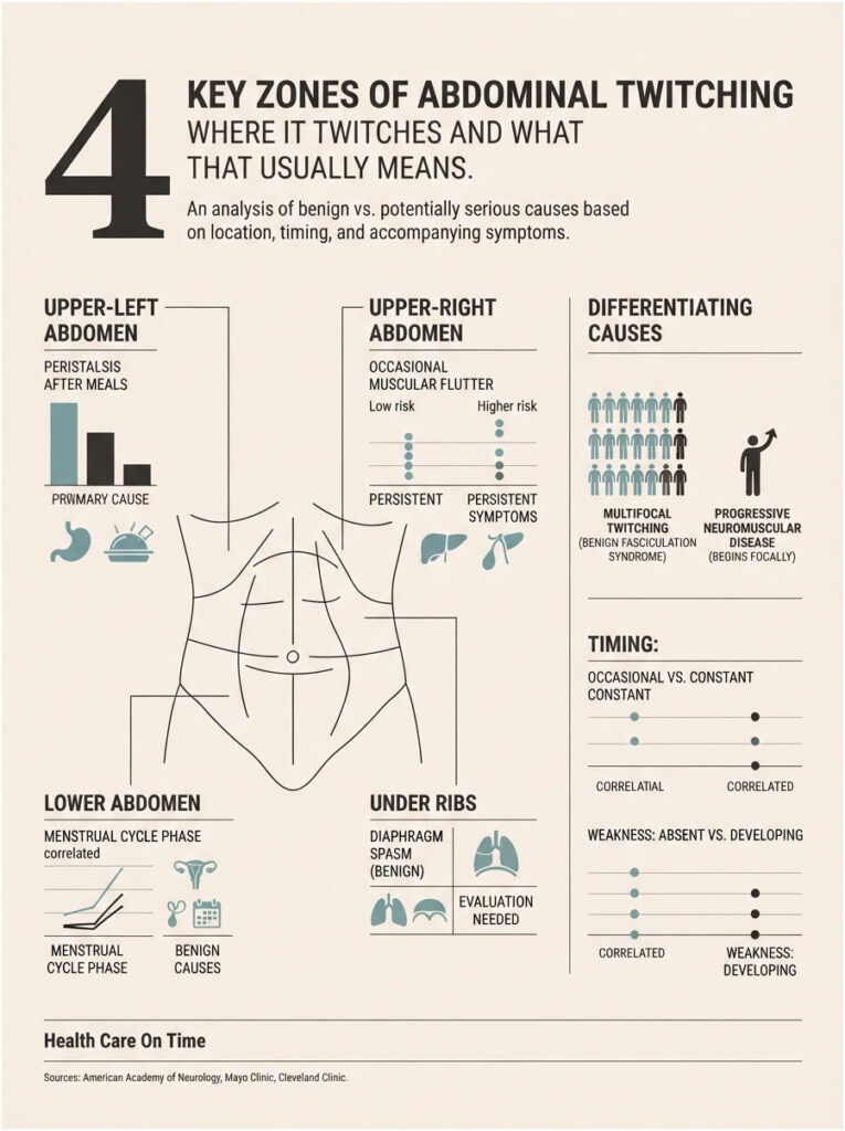 Infographic showing 4 key zones of abdominal twitching, causes, symptoms, and evaluation needed for diagnosis.