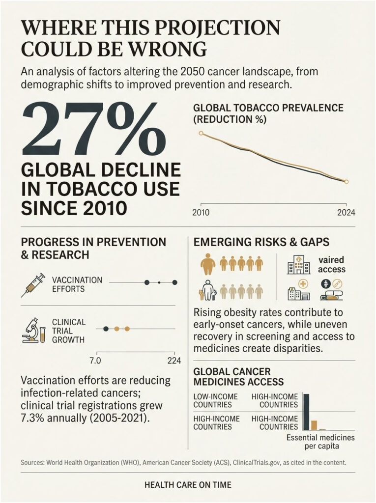 Infographic showing a 27% global decline in tobacco use since 2010 with vaccination efforts and clinical trial growth data.