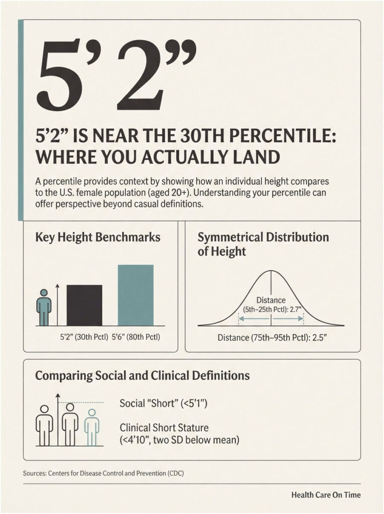 Infographic showing height percentiles, comparing 5'2" and 5'6", with graphs and definitions of short stature.