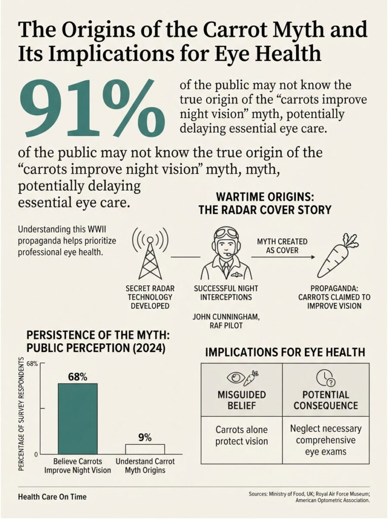 Infographic showing 91% unaware of carrot myth origins, with data on public perception and eye health implications.