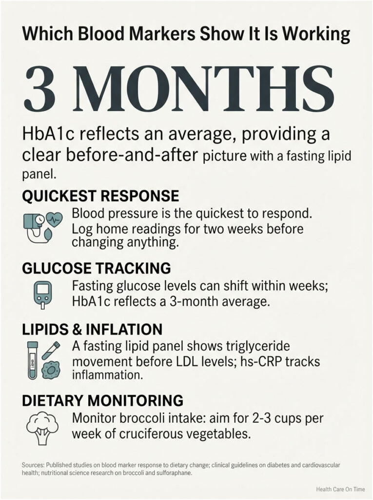 Infographic showing blood markers for health improvement over 3 months, including HbA1c, blood pressure, and dietary tips.