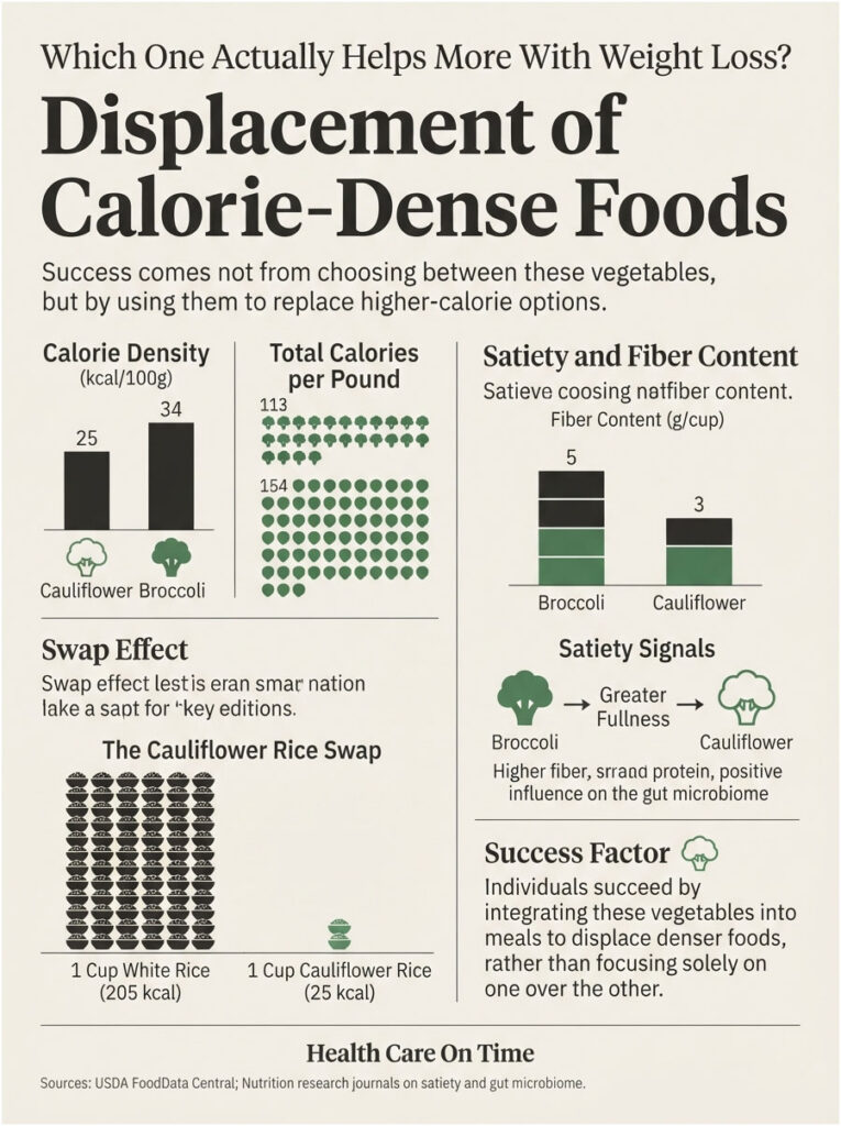 Infographic comparing calorie density, total calories, and fiber content of cauliflower and broccoli for weight loss.