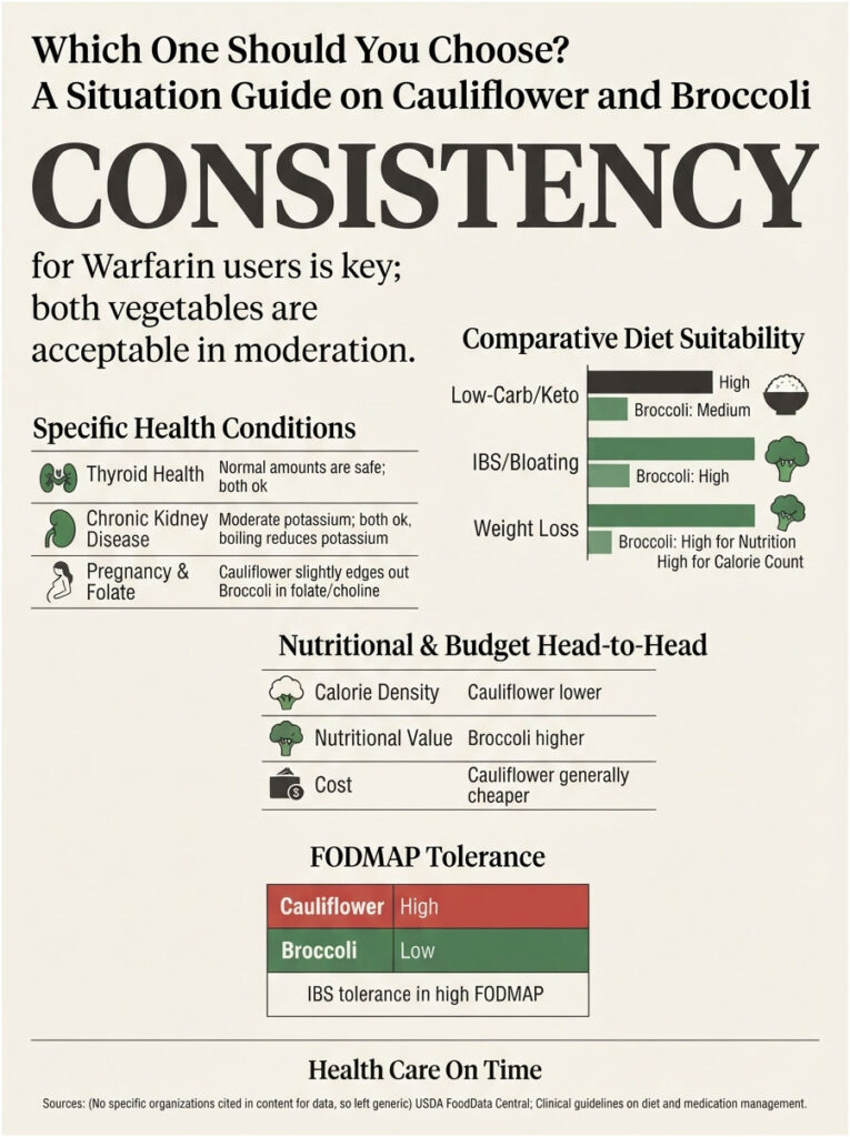Infographic comparing cauliflower and broccoli for health conditions, diet suitability, and nutritional value.