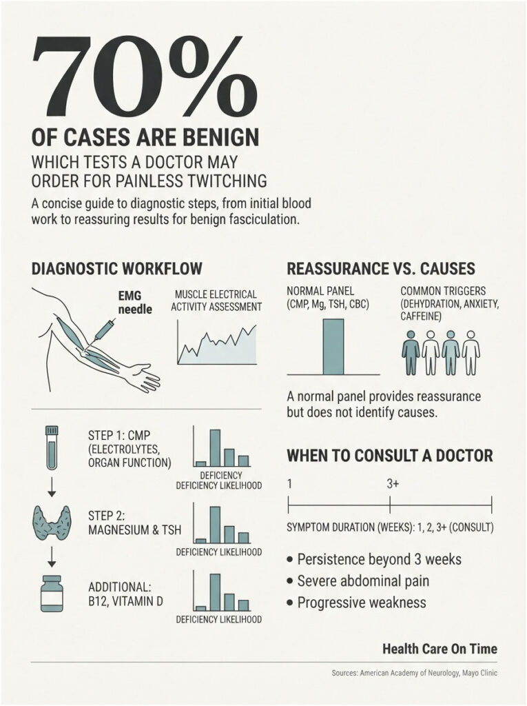 Infographic showing diagnostic workflow for painless twitching, including tests and common triggers, with charts.