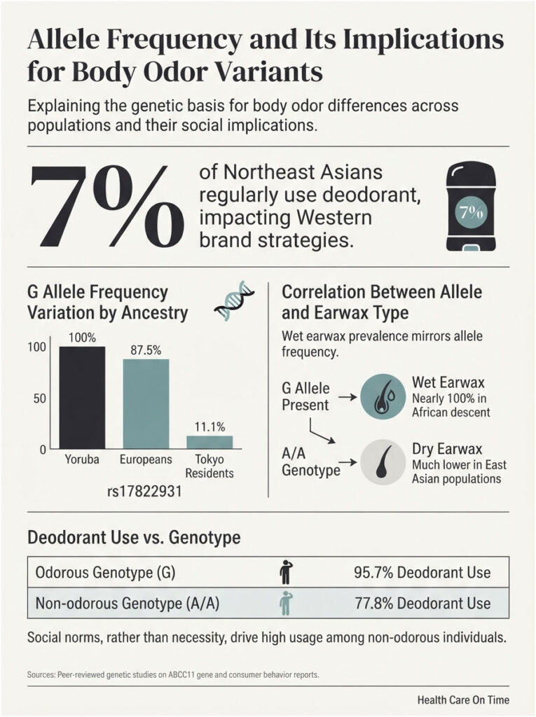 Infographic showing allele frequency and deodorant use among populations, including charts and statistics on earwax types.