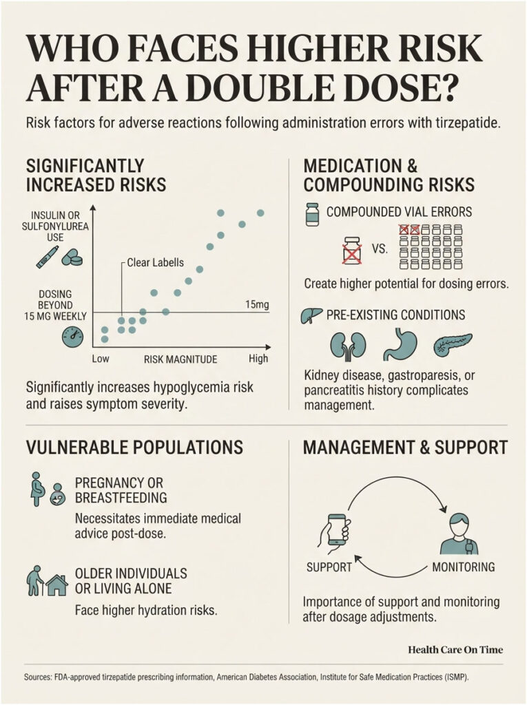Infographic showing risk factors for adverse reactions after double dosing tirzepatide, including graphs and icons.