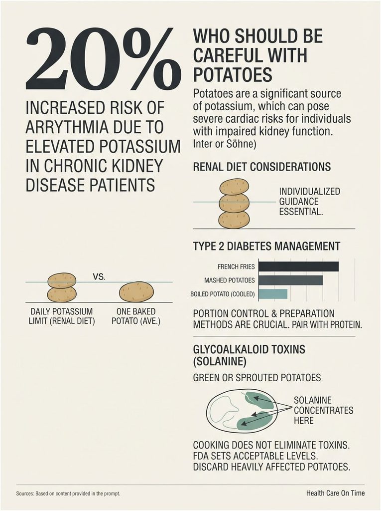 Infographic showing risks of potassium in potatoes for kidney disease patients, including charts and dietary advice.