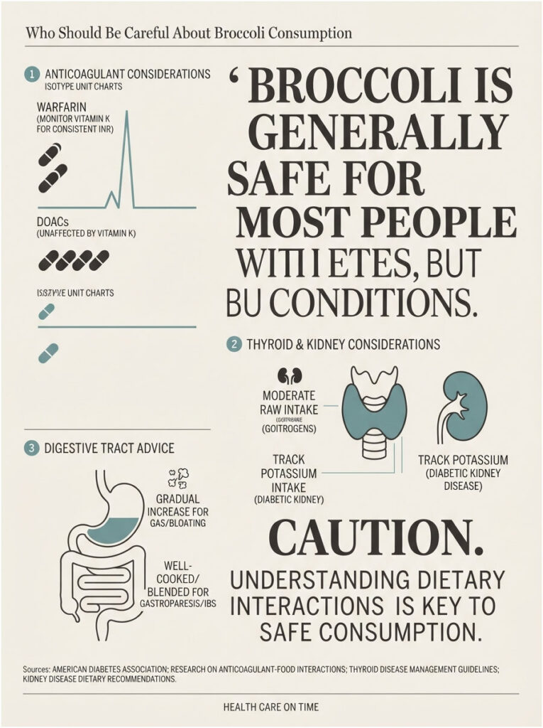 Infographic on broccoli consumption safety, detailing anticoagulant, thyroid, kidney, and digestive tract considerations.