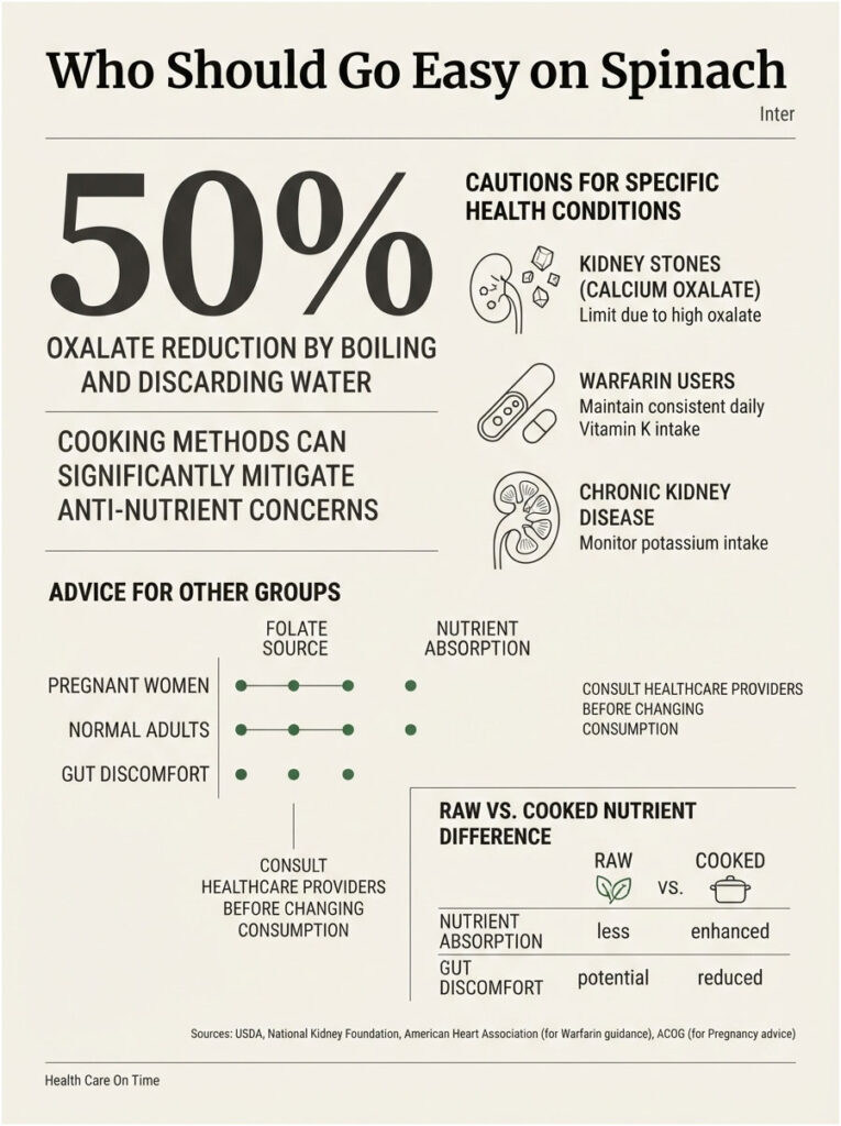 Infographic showing spinach oxalate reduction, health cautions, and nutrient absorption advice for various groups.