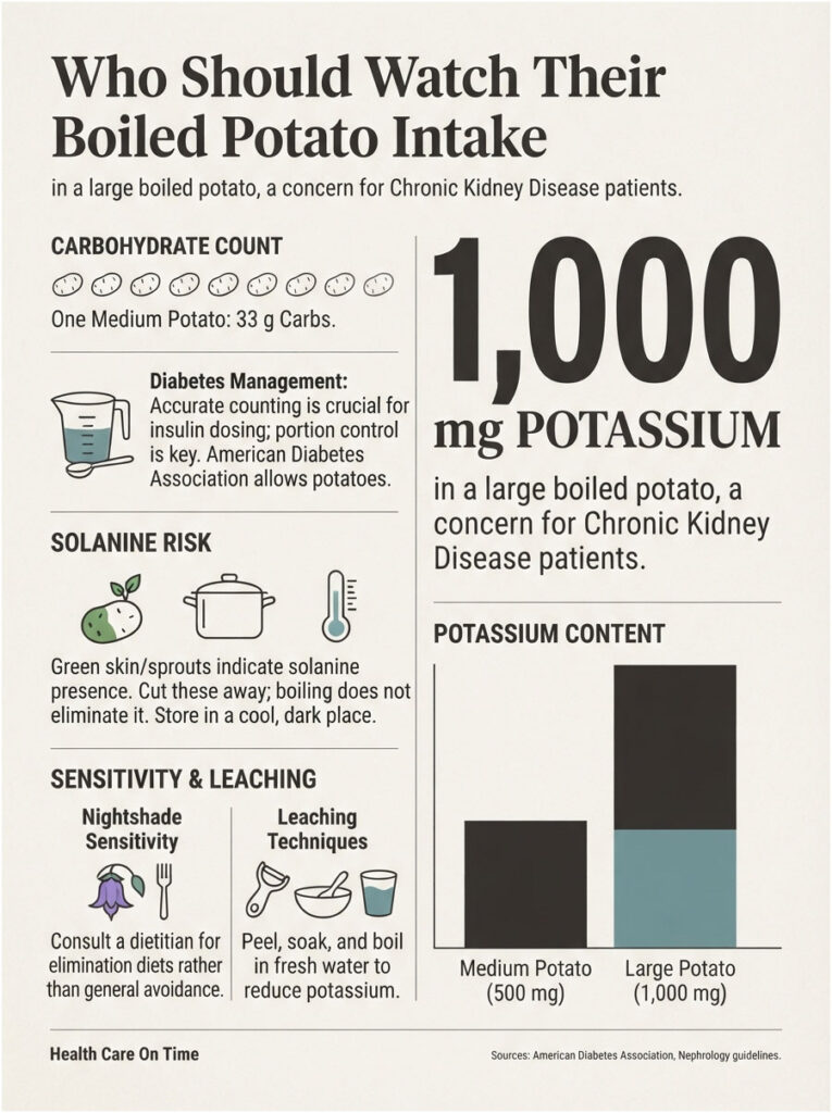Infographic detailing boiled potato intake concerns for chronic kidney disease patients, including potassium content and risks.