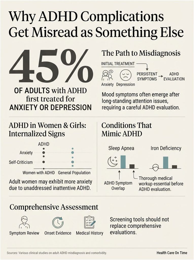 Infographic showing ADHD misdiagnosis statistics, treatment paths, and conditions mimicking ADHD symptoms.