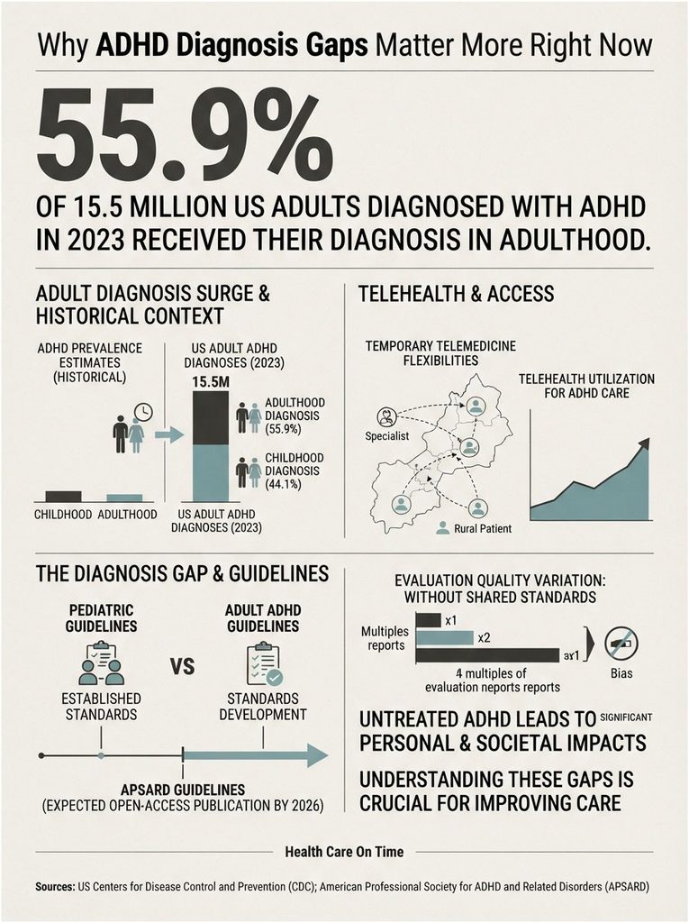 Infographic showing ADHD diagnosis statistics, highlighting 55.9% of adults diagnosed in 2023, with charts and guidelines.