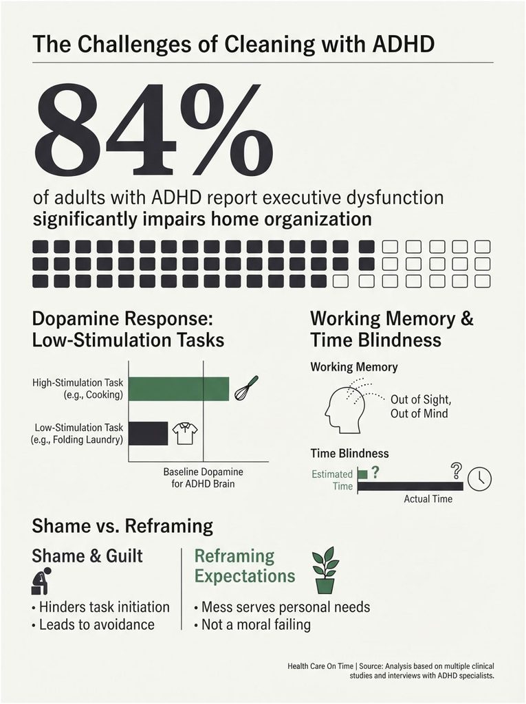 Infographic showing challenges of cleaning with ADHD, including statistics and concepts like executive dysfunction and time blindness.
