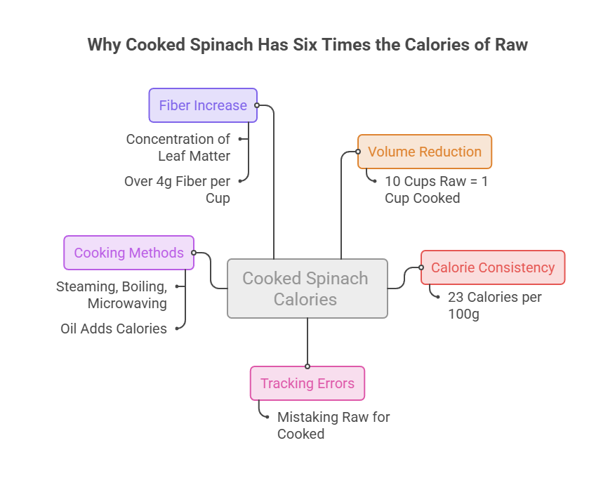 Infographic explaining why cooked spinach has six times the calories of raw spinach with key points and statistics.
