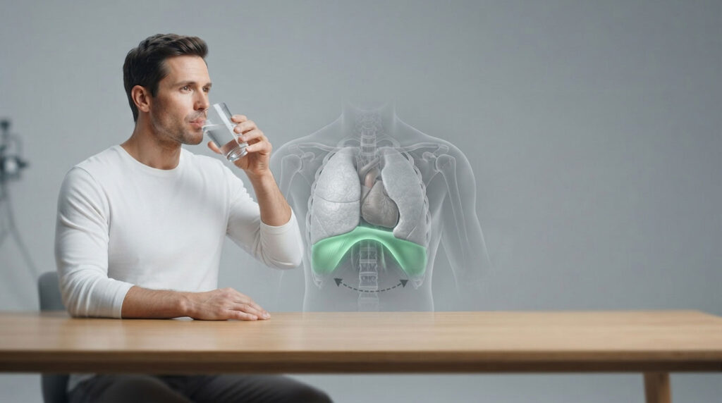 Man drinks water while anatomical lungs are displayed behind him on a gray background.