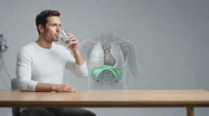 Man drinks water while anatomical lungs are displayed behind him on a gray background.