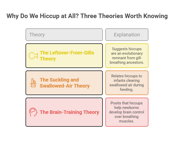 Infographic explaining three theories of hiccups with colorful boxes and text descriptions for each theory.