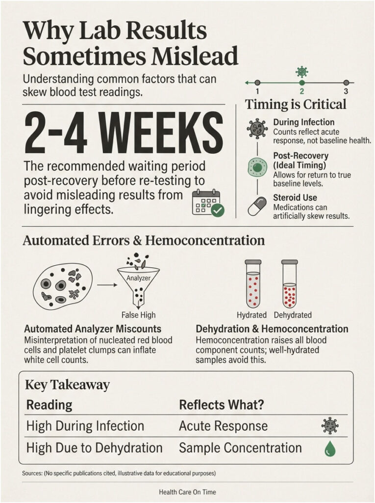 Infographic explaining factors that mislead lab results, including timing, hydration, and analyzer errors.