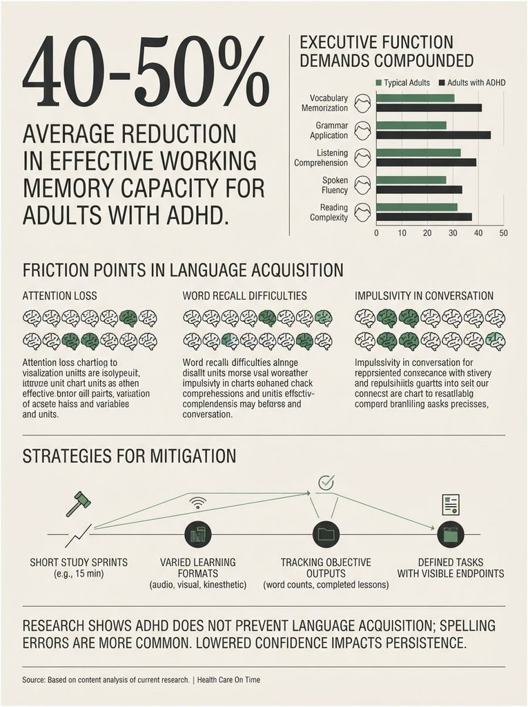 Infographic showing ADHD's impact on memory, language acquisition challenges, and mitigation strategies.