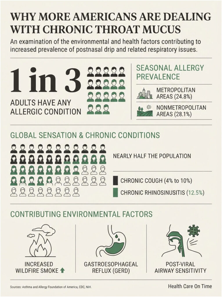 Infographic showing statistics on chronic throat mucus, allergies, and contributing factors like wildfire smoke and GERD.