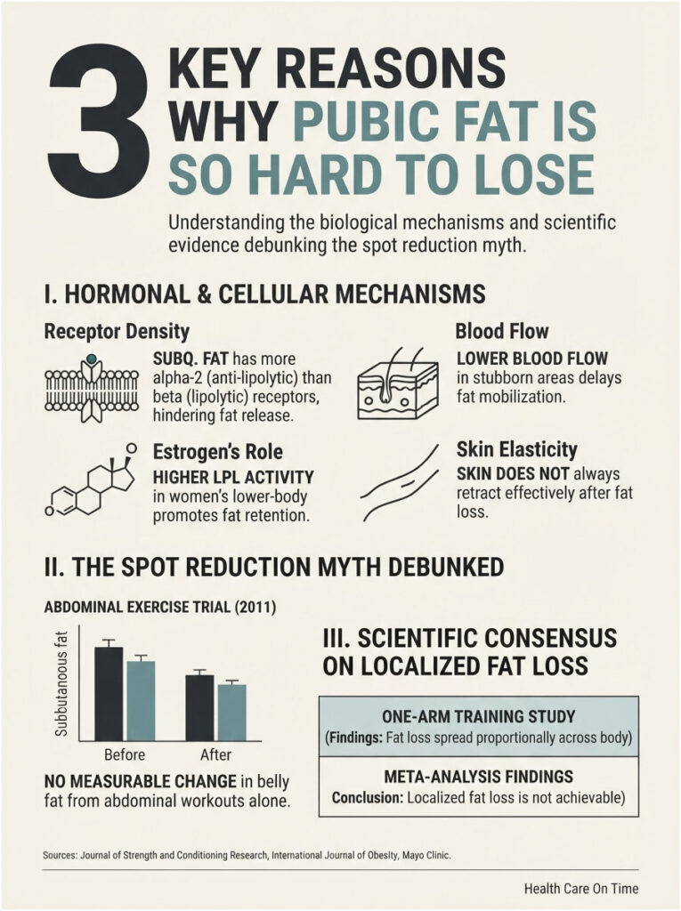 Infographic explaining three reasons why pubic fat is hard to lose, featuring charts and biological mechanisms.