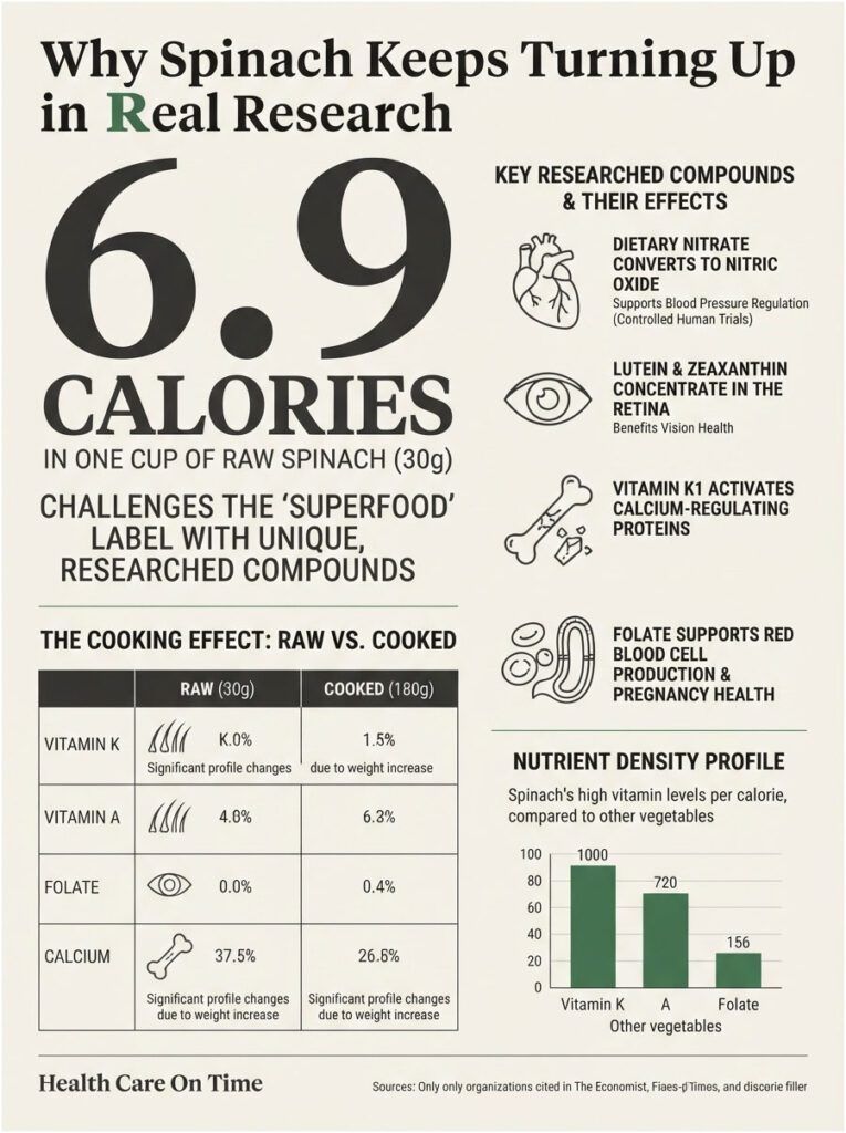 Infographic showing spinach's nutritional benefits, calorie count, and comparison of raw vs. cooked nutrients.