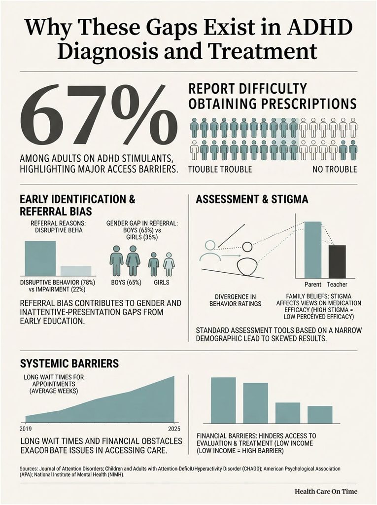 Infographic showing ADHD diagnosis gaps, highlighting statistics on access barriers and referral biases.